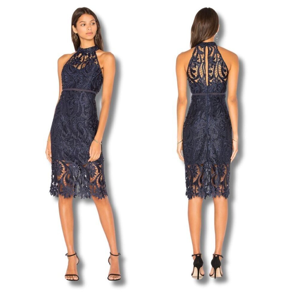Bardot Isa Lace Halter Dress French Navy Blue 6 EUC Keyhole Sleeveless Floral